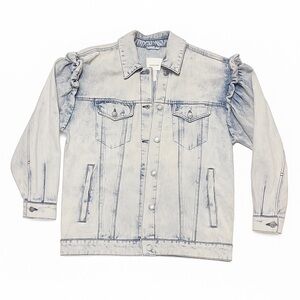 Avec Les Filles Light Blue Denim Jacket with Ruffle Sleeve Accents size L